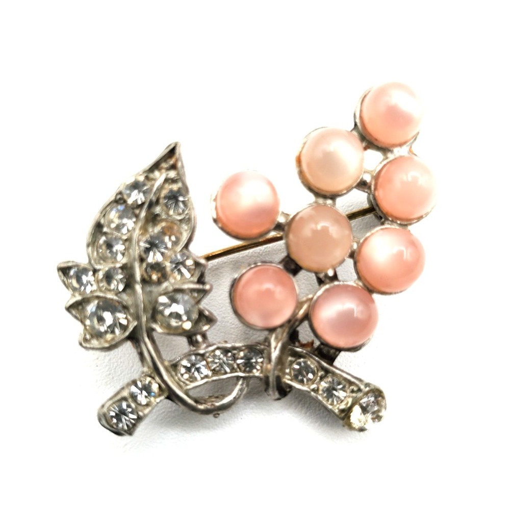 Vintage Silver Tone Pot Metal Rhinestone & Pink Moon Stone Brooch Pin